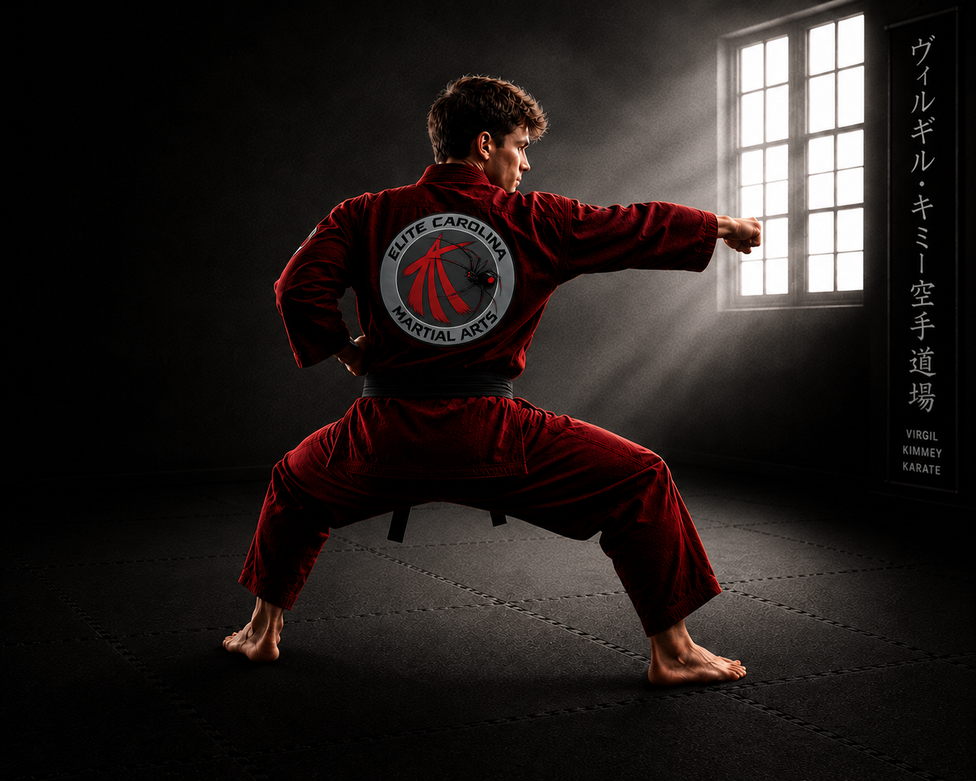 Elite Carolina Martial Arts student demonstrating a karate stance in a red gi